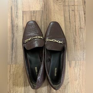 Express Dark Brown Croc-Pattern Loafers with Gold Chain